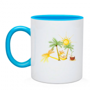 Чашка с солнышком, пальмами и коктейлем