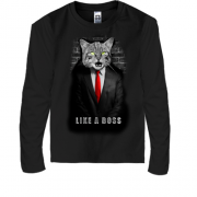Детская футболка с длинным рукавом с котом в пиджаке "Like a Bos