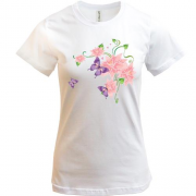Женская футболка с цветами и бабочками