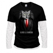 Комбінований лонгслів з котом в піджаку "Like a Boss"