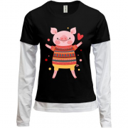 Комбінований лонгслів зі свинкою в новорічному светрі