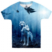 Детская 3D футболка с белыми волками в лесу