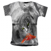 Жіноча 3D футболка з котом і золотою рибкою