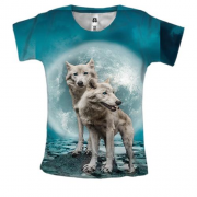 Женская 3D футболка Волки на фоне луны