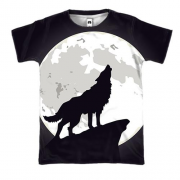 3D футболка с черным волком воющим на луну