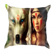 3D подушка с девушкой и белым волком в лесу
