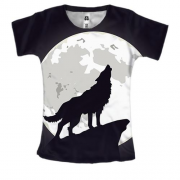Женская 3D футболка с черным волком воющим на луну