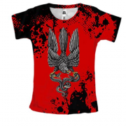 Жіноча 3D футболка із соколом-гербом України (червоно-чорна)