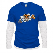 Комбинированный лонгслив с тигром разрывающим футболку