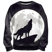 3D свитшот с черным волком воющим на луну