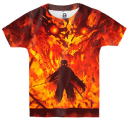 Детская 3D футболка Ренгоку Кеджуро в пламени - Клинок, рассекающий демонов