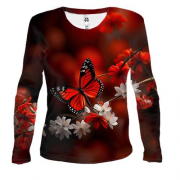 Женский 3D лонгслив с бело-красными цветами и бабочкой