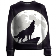 Детский 3D свитшот с черным волком воющим на луну