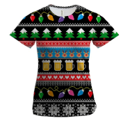 Жіноча 3D футболка Новорічний візерунок з пивом та оленями