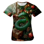 Жіноча 3D футболка Новорічна змія з подарунками