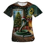 Жіноча 3D футболка Новорічна змійка біля каміна
