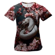 Жіноча 3D футболка з білою змією в сакурі