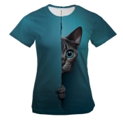 Женская 3D футболка с выглядывающим котом