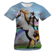 Женская 3D футболка Кот на Единороге с пистолетом