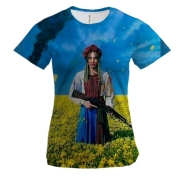 Жіноча 3D футболка Українка з гвинтівкою - Хай живе вільна Українам