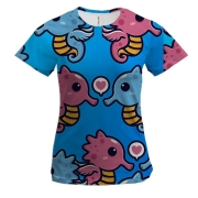 Женская 3D футболка с влюбленными морскими коньками