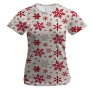 Жіноча 3D футболка з червоними сніжинками