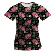Жіноча 3D футболка з орхідеями на чорному фоні