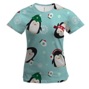 Женская 3D футболка Новогодний паттерн. Пингвины