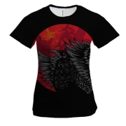 Женская 3D футболка с черным вороном в красном кругу