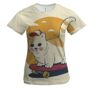 Женская 3D футболка с маленьким котом на скейте