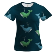 Женская 3D футболка с синим и зеленым китом