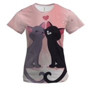 Женская 3D футболка с влюбленными серым и черным котом