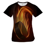 Жіноча 3D футболка з хокейною шайбою в вогні