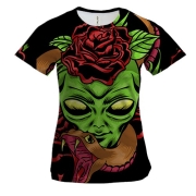 Жіноча 3D футболка з прибульцем і трояндами