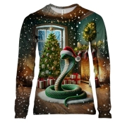 Жіночий 3D лонгслів Новорічна змійка біля каміна