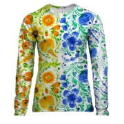 Жіночий 3D лонгслів прапор України з аквареллю квітів.