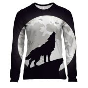 Женский 3D лонгслив с черным волком воющим на луну