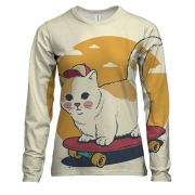 Женский 3D лонгслив с маленьким котом на скейте