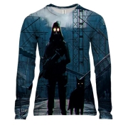 Женский 3D лонгслив со сталкером и собакой на заброшенном вокзал