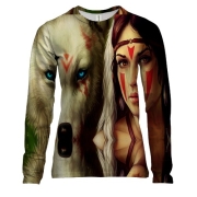 Женский 3D лонгслив с девушкой и белым волком в лесу