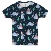Детская 3D футболка Новогодний паттерн. Еноты