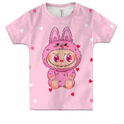 Дитяча 3D футболка Лабубу в рожевих серцях