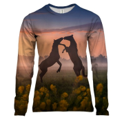 Женский 3D лонгслив с лошадьми на поле