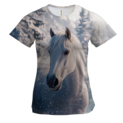 Женская 3D футболка Конь и снежный лес