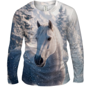 Мужской 3D лонгслив Конь и снежный лес