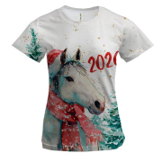 Женская 3D футболка Новогодняя лошадка в шапке Санты