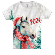 Детская 3D футболка Новогодняя лошадка в шапке Санты