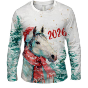 Мужской 3D лонгслив Новогодняя лошадка в шапке Санты