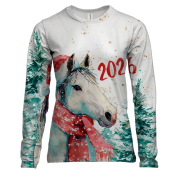 Женский 3D лонгслив Новогодняя лошадка в шапке Санты