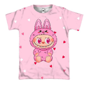 3D футболка Лабубу в розовых сердечках